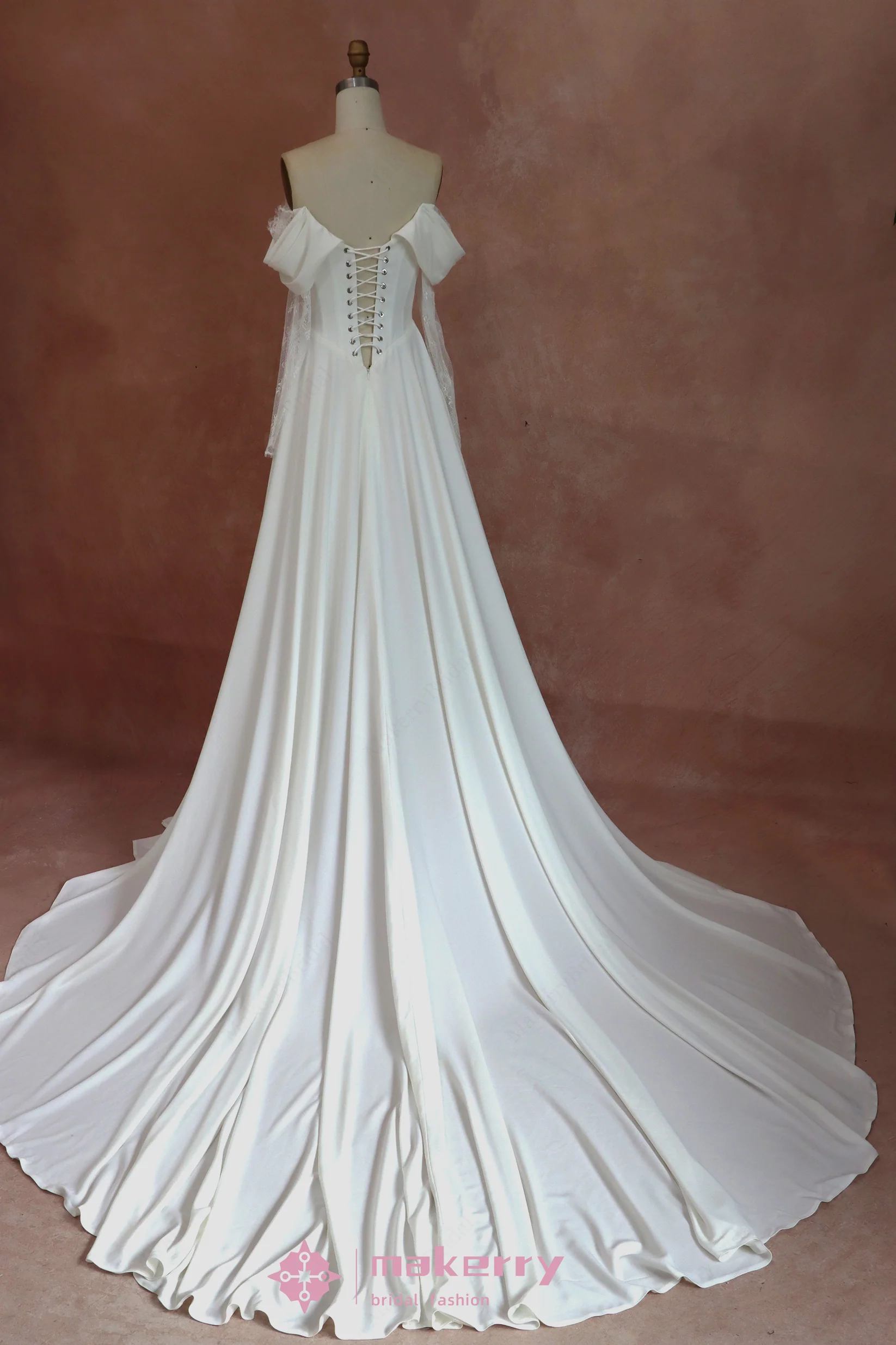 Off Shoulder Lace-up Crepe Wedding Dresses With Long Sleeves