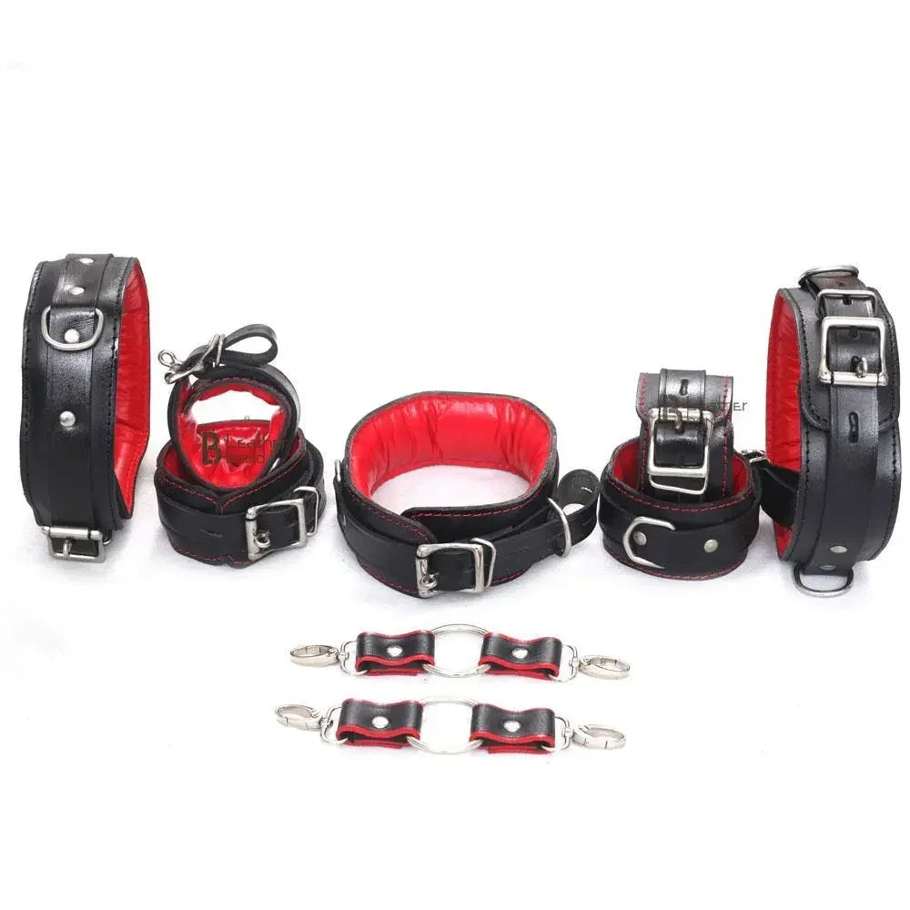 9-Piece Budget Bondage Kit Soft Padded Genuine Leather Collar, Thigh, Wrist & Ankle Cuffs | Black & Red