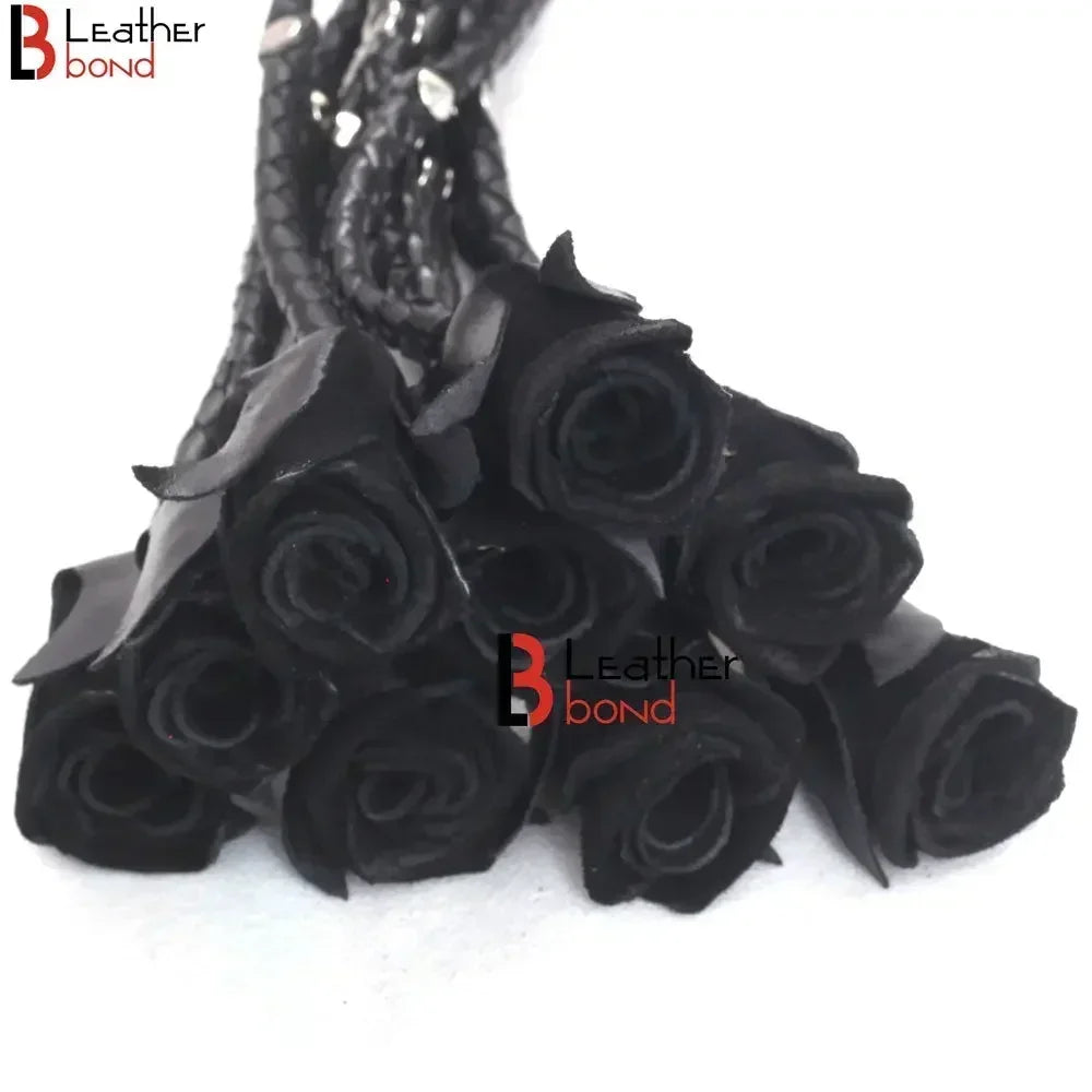 Rose Flogger Real Genuine Cowhide Leather 9 Braided Falls Heavy Black Roses & Steel Studs Cat-o-nine Tails Steel Handle