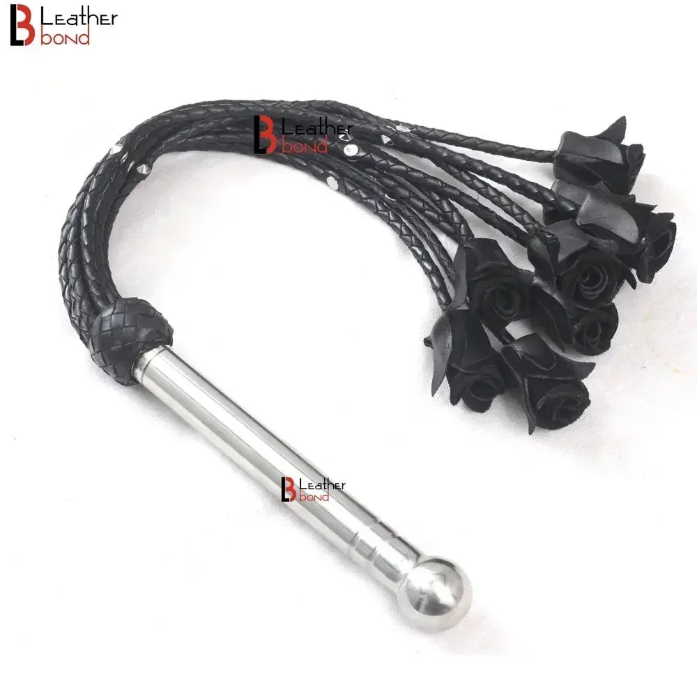 Rose Flogger Real Genuine Cowhide Leather 9 Braided Falls Heavy Black Roses & Steel Studs Cat-o-nine Tails Steel Handle