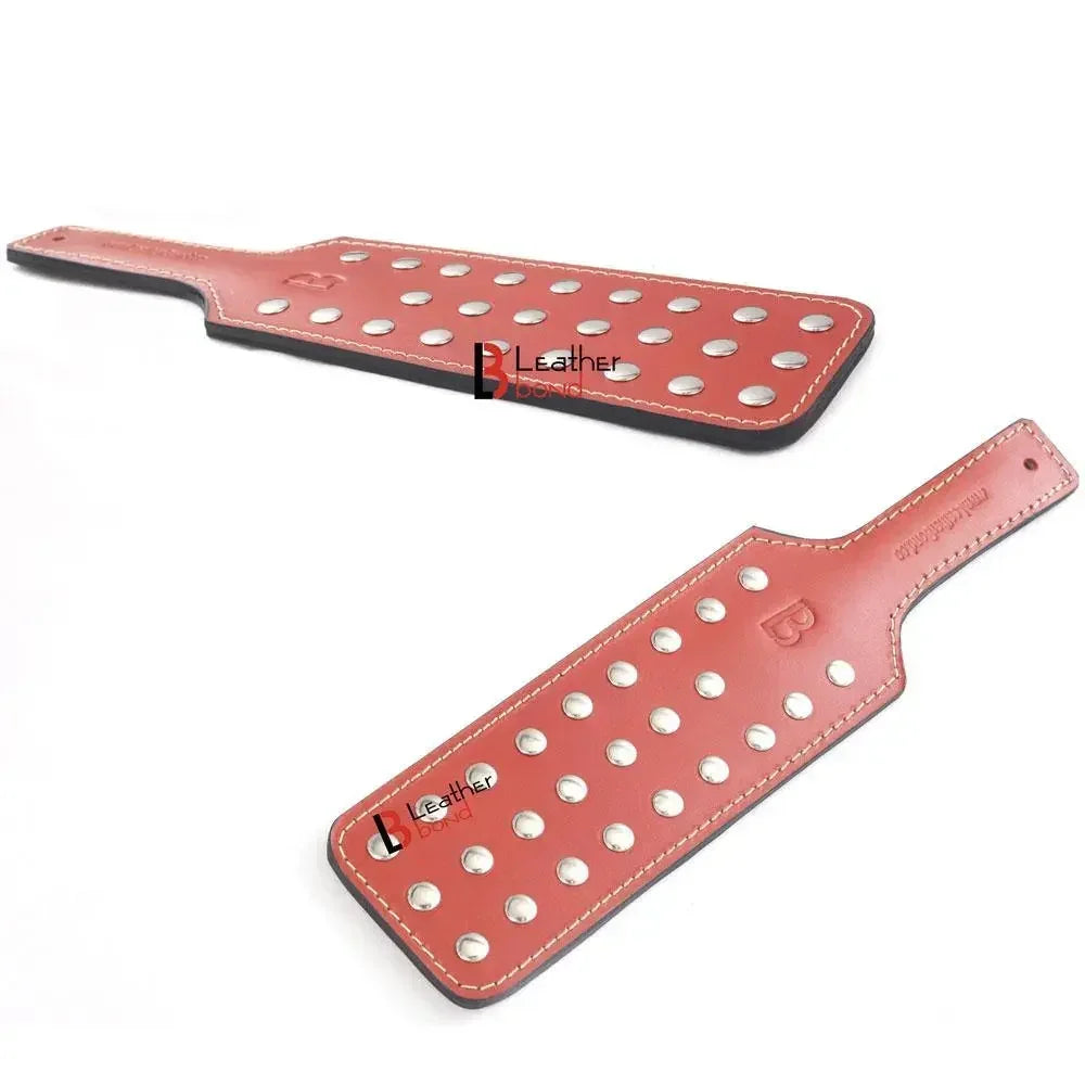 Cowhide Brown Saddle Leather Spanking BDSM Paddle Slapper Steel Studded Heavy Weight & Sturdy Hand Made