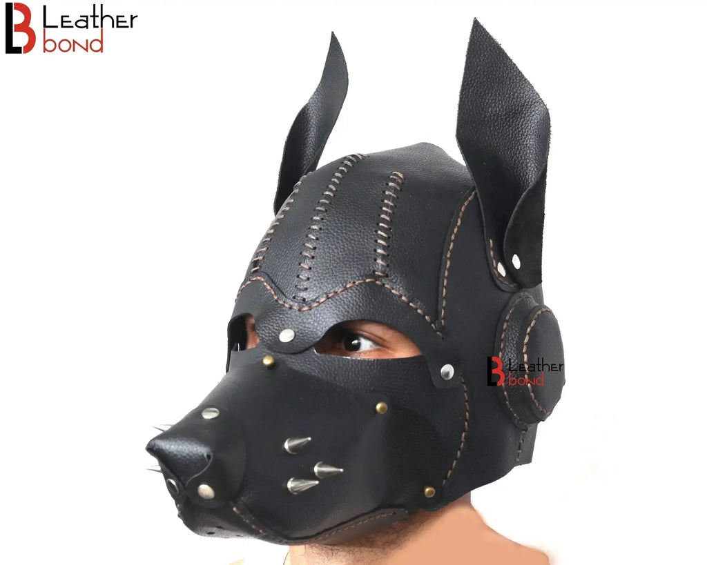 Cowhide Leather Puppy Dog Sensory Deprivation Hood Pet Play Mask & Reenactment Costume Gear