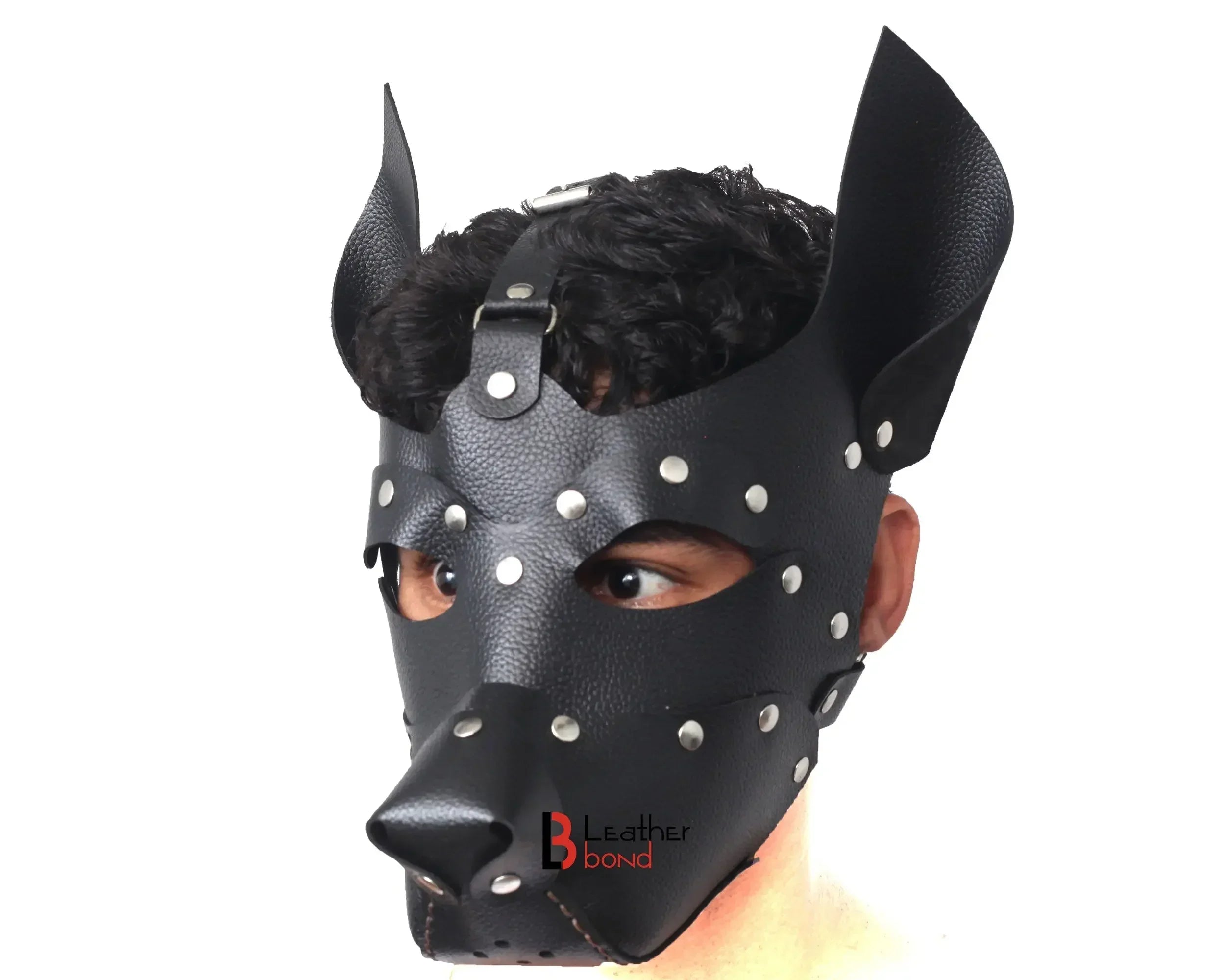 Genuine Cowhide Leather Puppy Dog Mask Hood Halloween Mask, Sensory Deprivation Hood & Pet Play Gear