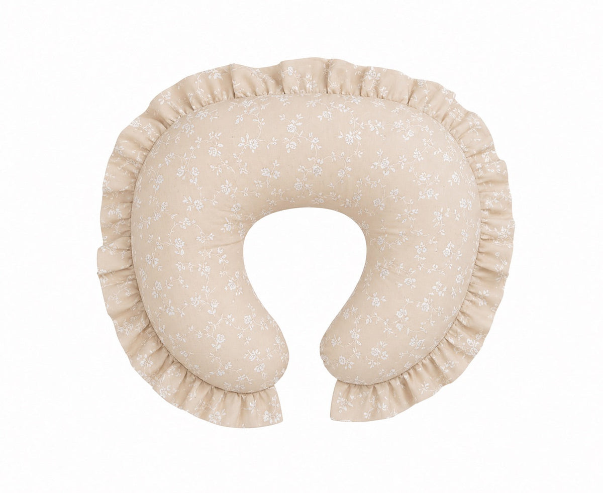 Beige White Floral Ruffle Nursing Pillow Cover