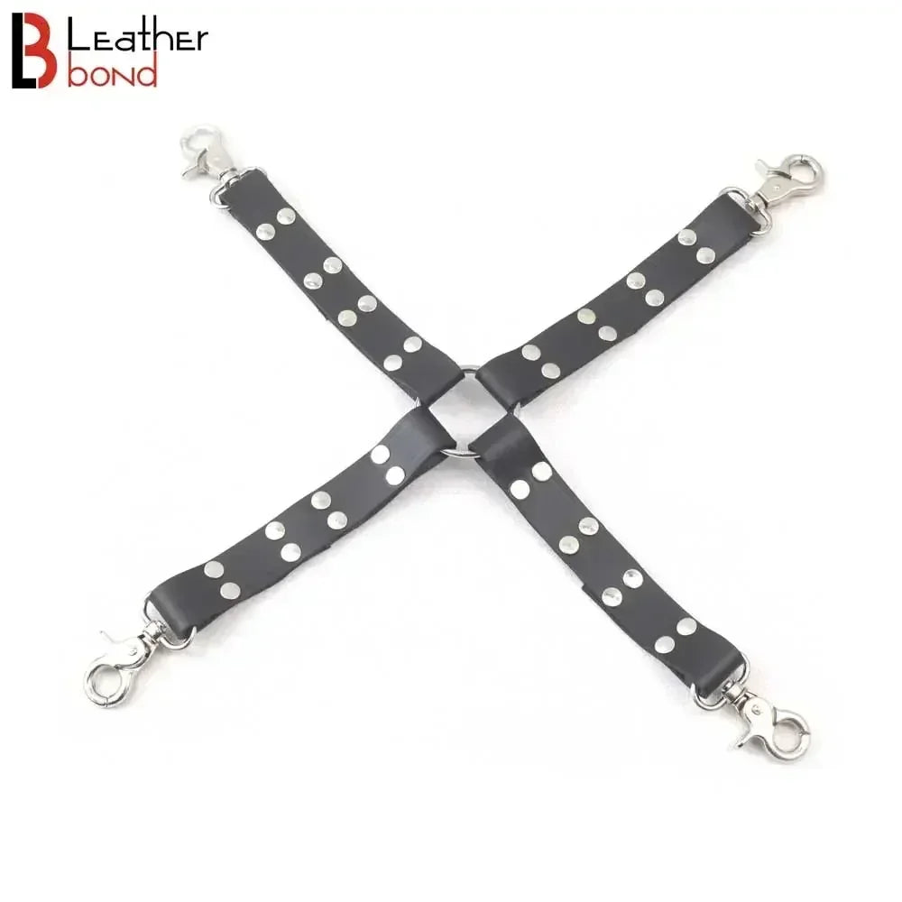 Four-Way Swivel Snap Bondage Hogtie Connector Genuine Leather Straps | 17 Inches