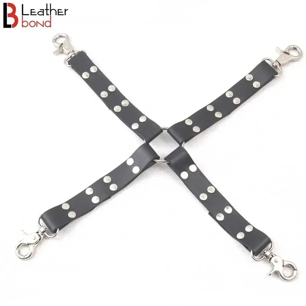 Four-Way Swivel Snap Bondage Hogtie Connector Genuine Leather Straps | 17 Inches
