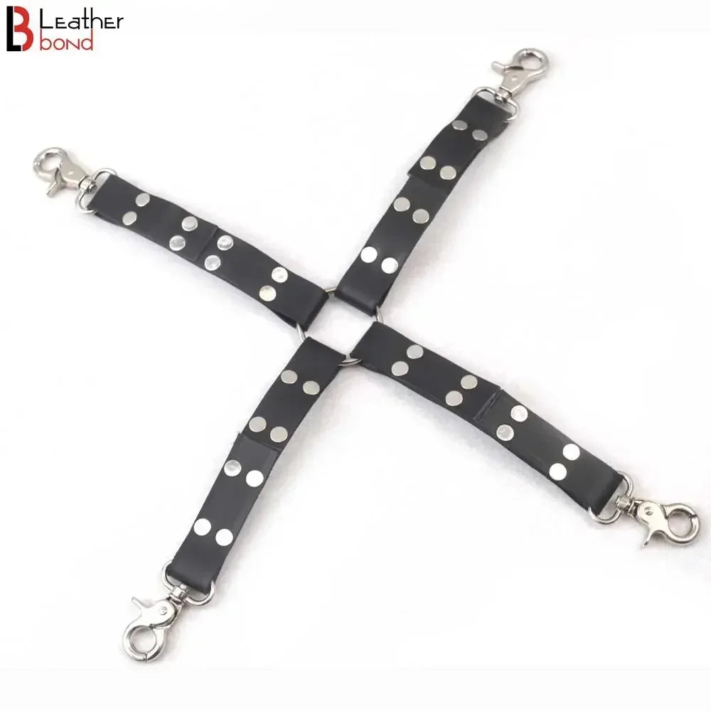 Four-Way Swivel Snap Bondage Hogtie Connector Genuine Leather Straps | 17 Inches