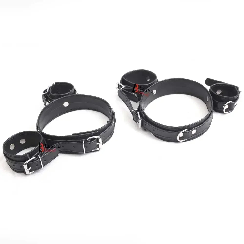 Frog-Tie Restraint Set Leather Ankle Cuffs, Thigh & Wrist BDSM Cosplay Bondage Toy