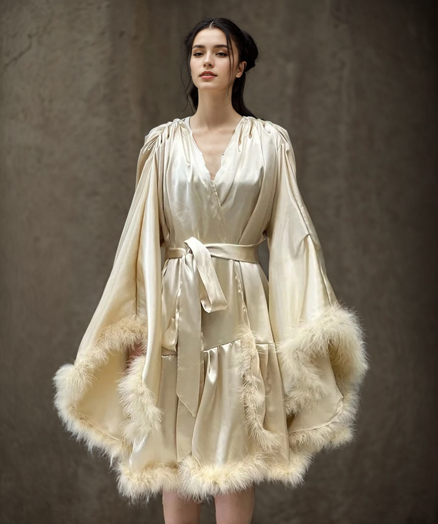Silky satin faux turkey fur feather fringe short robe dress costume