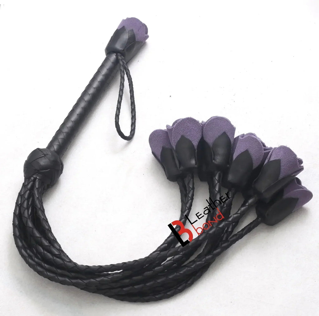 Real Cowhide Leather Cat-o-Nine Tails Flogger 9 Braided Rose Falls | Red, Purple and Black BDSM Whip