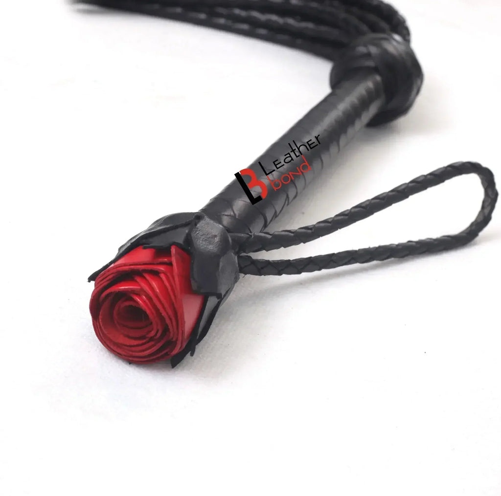 Real Cowhide Leather Cat-o-Nine Tails Flogger 9 Braided Rose Falls | Red, Purple and Black BDSM Whip