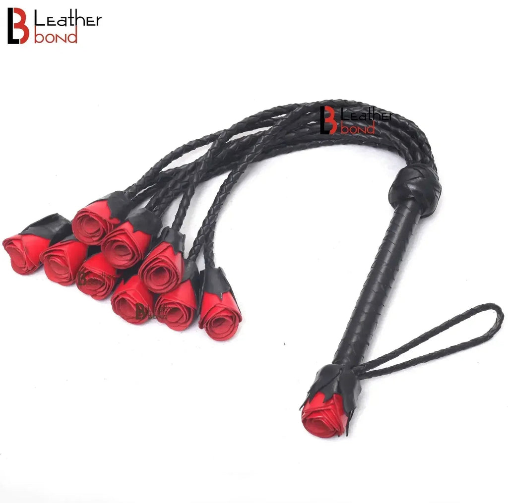 Real Cowhide Leather Cat-o-Nine Tails Flogger 9 Braided Rose Falls | Red, Purple and Black BDSM Whip