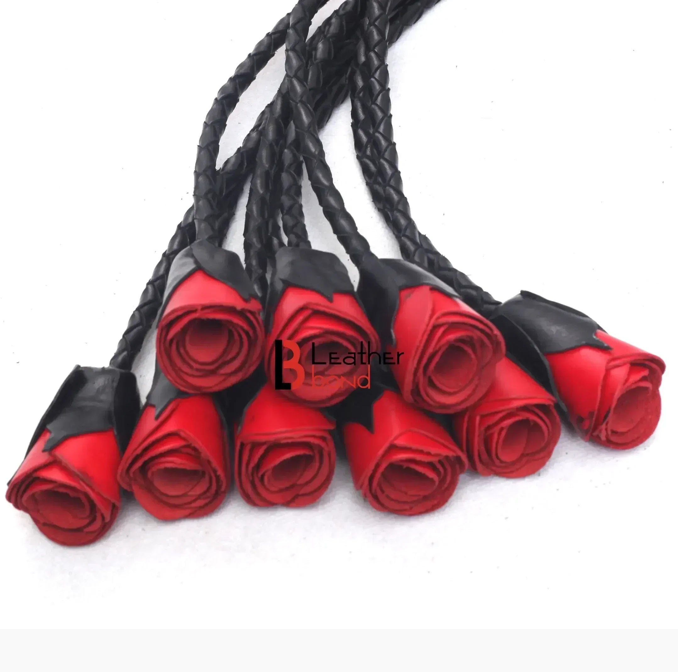 Real Cowhide Leather Cat-o-Nine Tails Flogger 9 Braided Rose Falls | Red, Purple and Black BDSM Whip