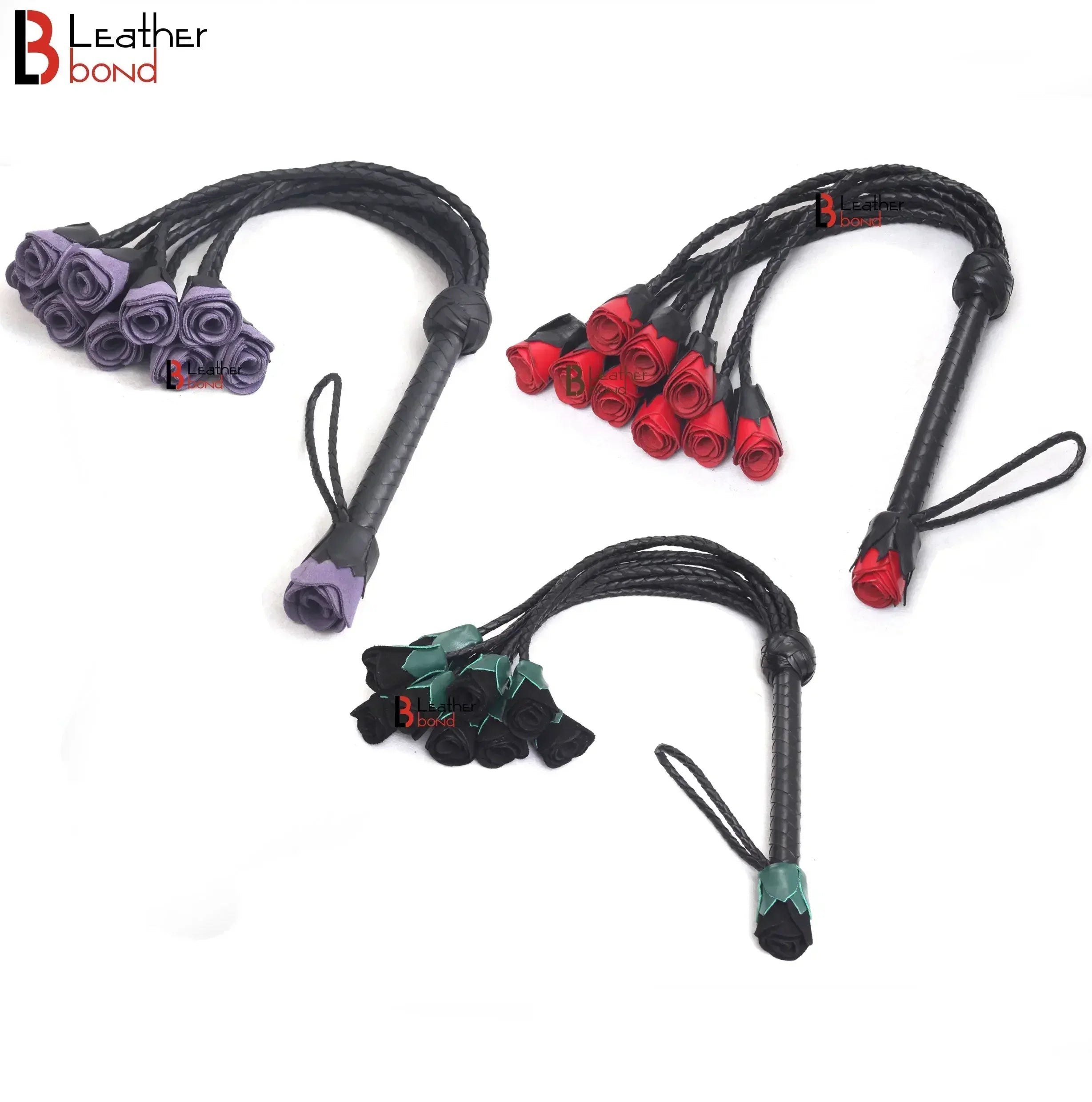 Real Cowhide Leather Cat-o-Nine Tails Flogger 9 Braided Rose Falls | Red, Purple and Black BDSM Whip
