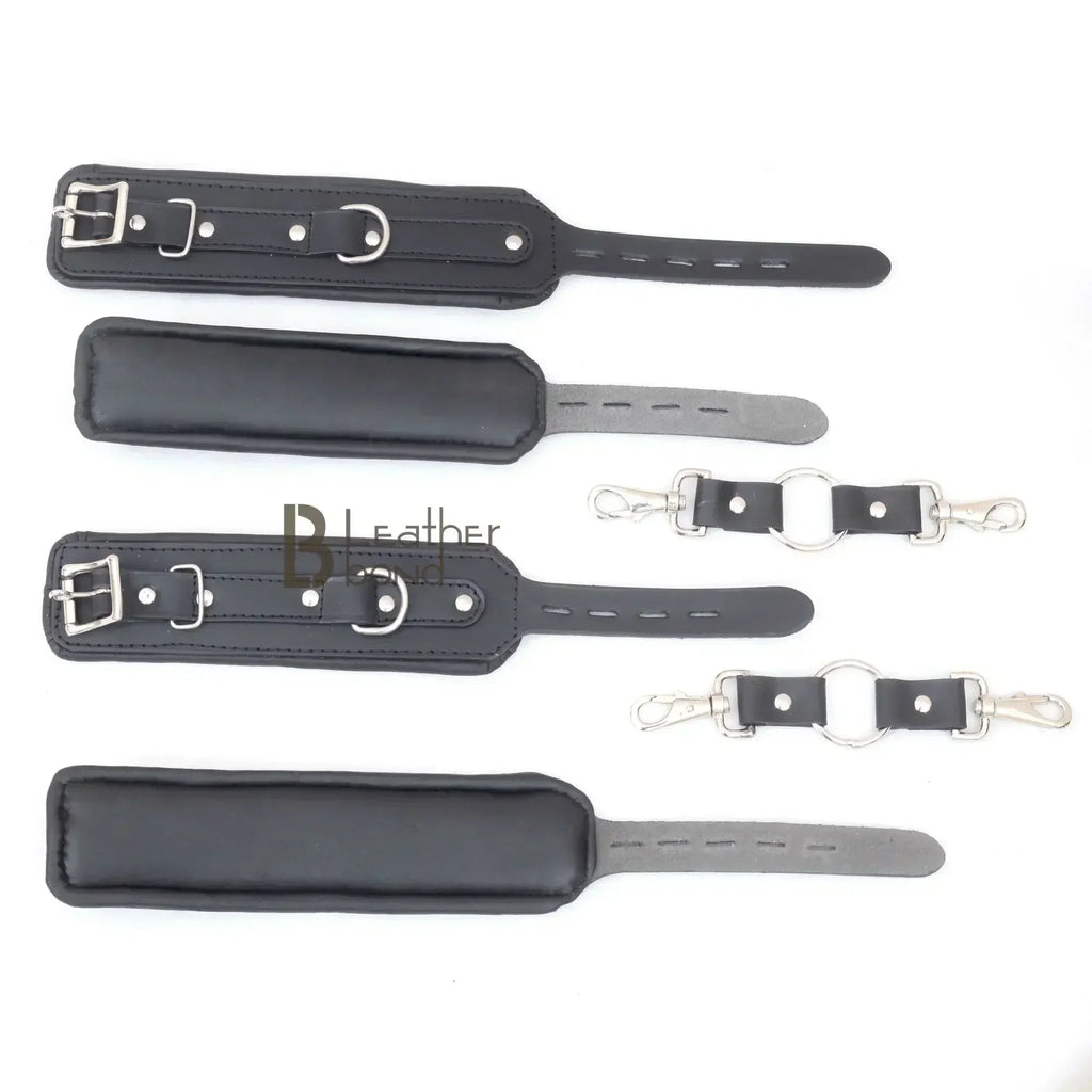 Wrist and Ankle Cuffs Cowhide Leather Restraint Set Black Heavy Duty Professional BDSM Gear Kinky Sensual Hand Cuffs