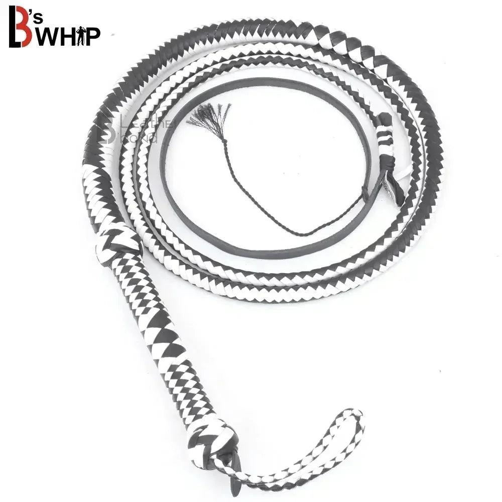 Genuine & Real Cowhide Leather Bullwhip 12 Plait 08 Feet long Bull Whip Black & White