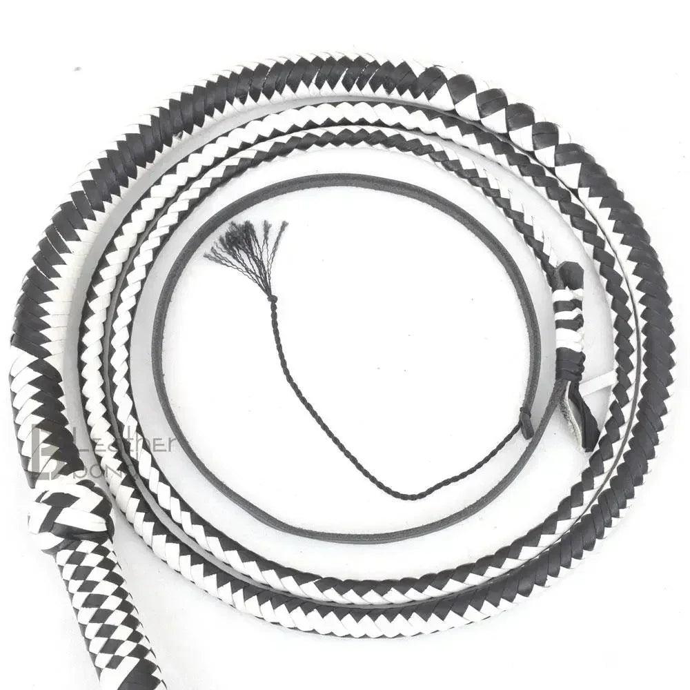 Genuine & Real Cowhide Leather Bullwhip 12 Plait 08 Feet long Bull Whip Black & White