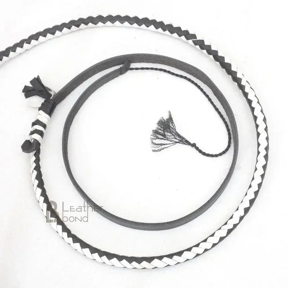 Genuine & Real Cowhide Leather Bullwhip 12 Plait 08 Feet long Bull Whip Black & White
