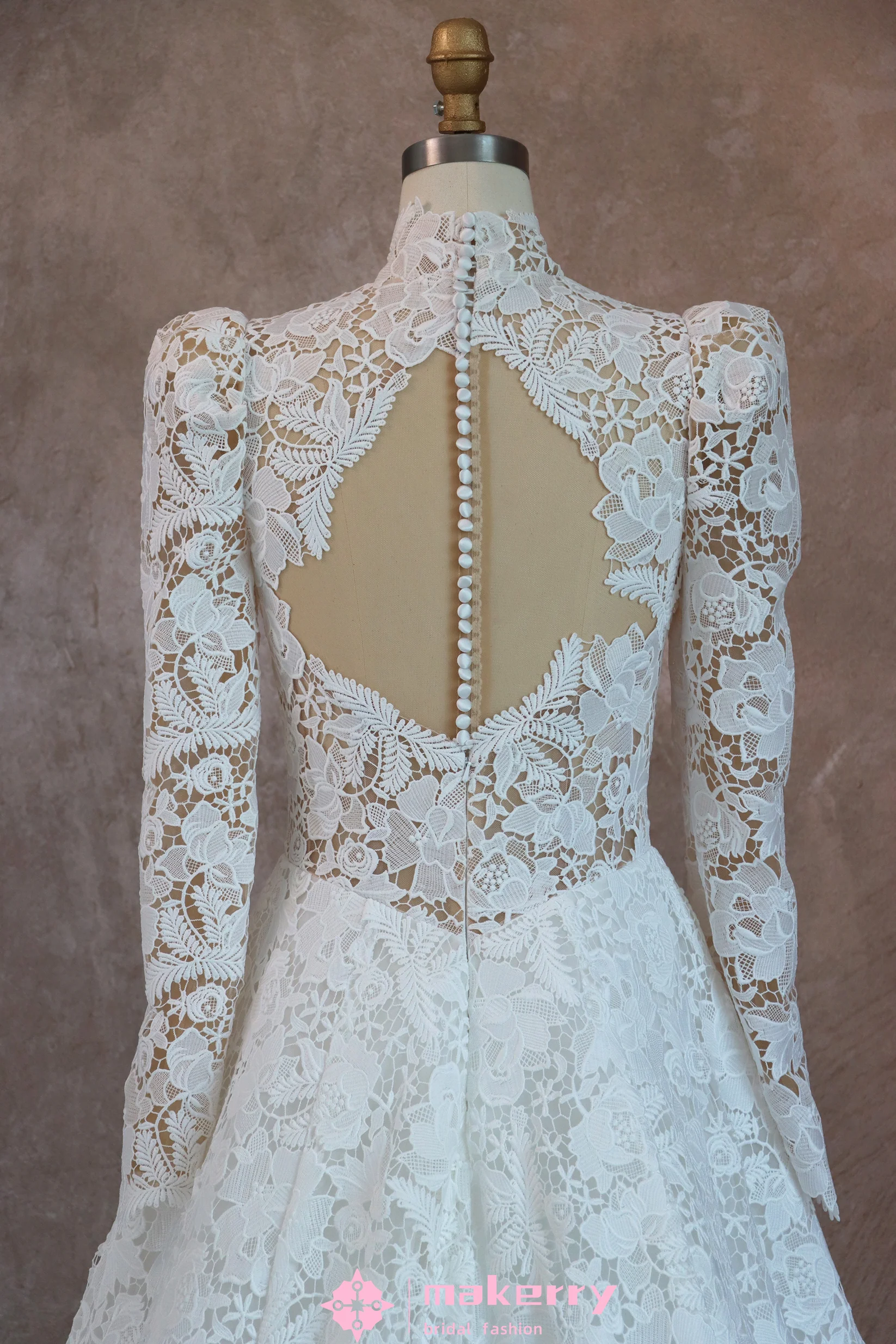 Romantic Lace High Neck Wedding Dress With Long Sleeves