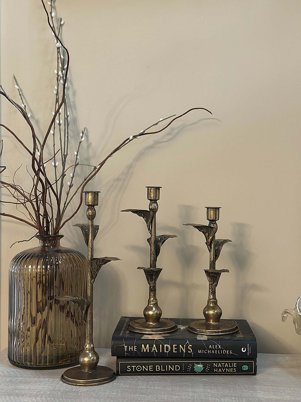 Antique Brass Leaf Candle Holders Set