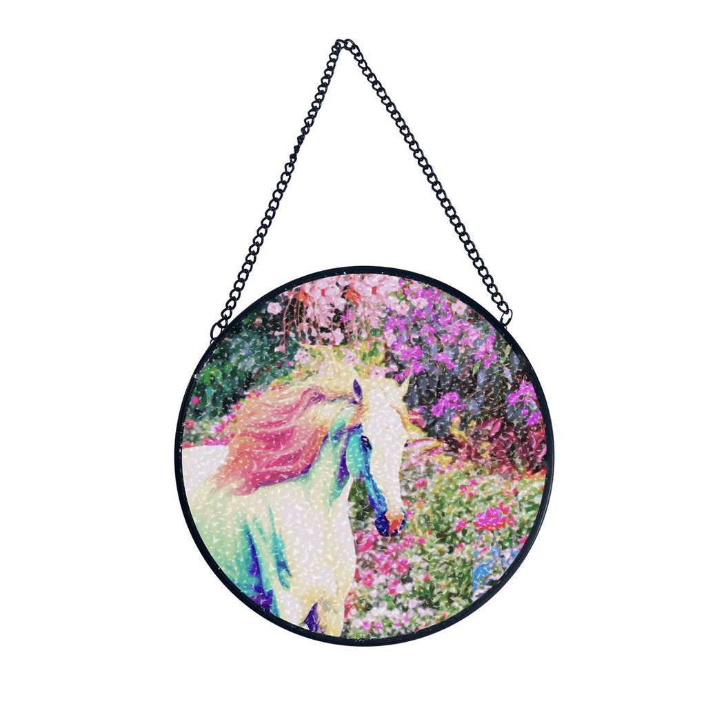 White Horse with Pink Floral Background Glass Suncatcher