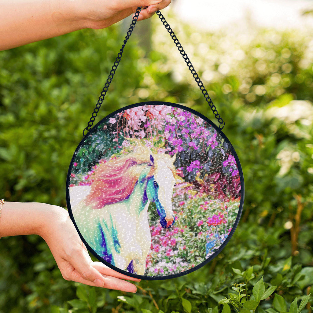 White Horse with Pink Floral Background Glass Suncatcher