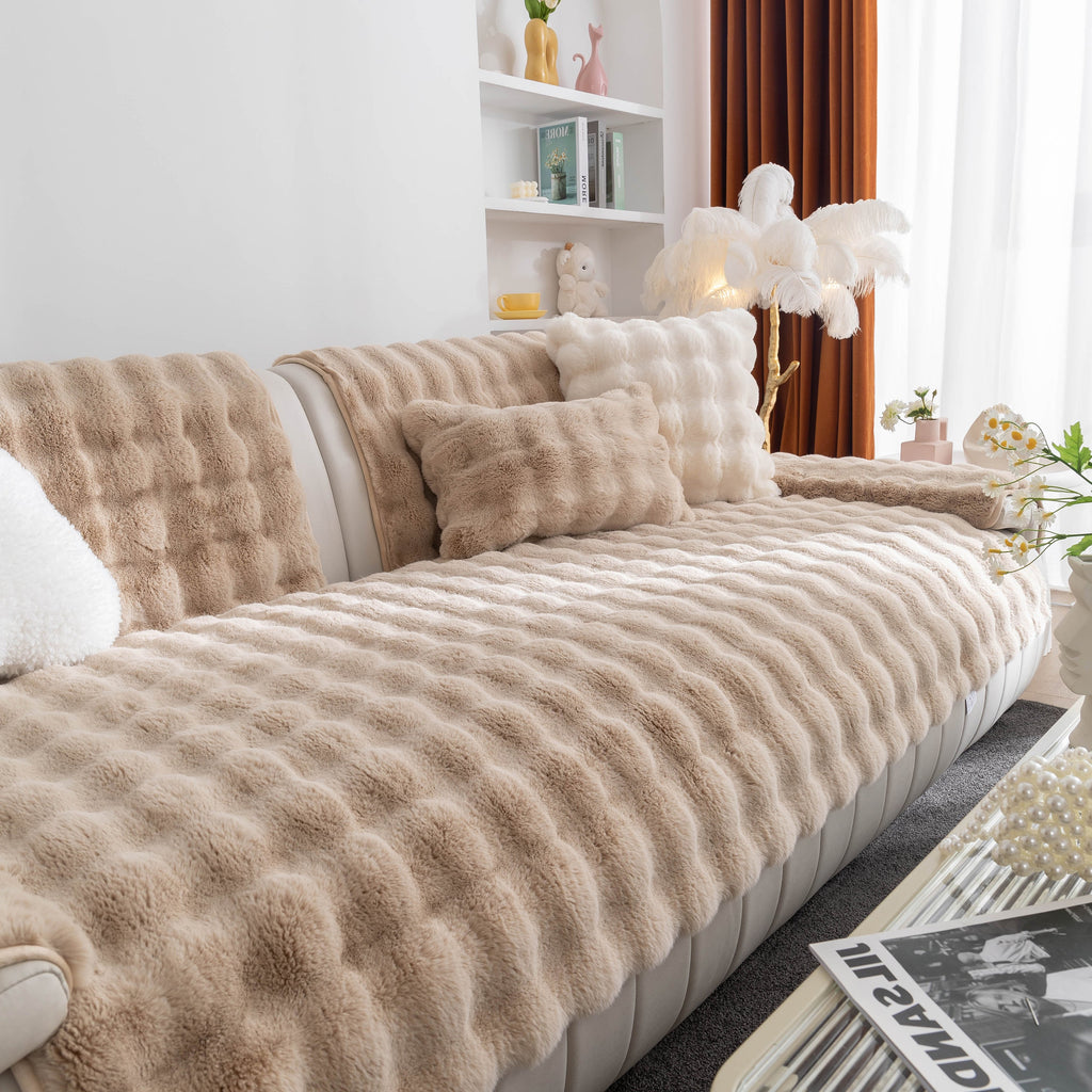 Thick Sofa Cushion Solid Color Faux Fur Fluffy Sofa Cushion Non-Slip Couch Covers