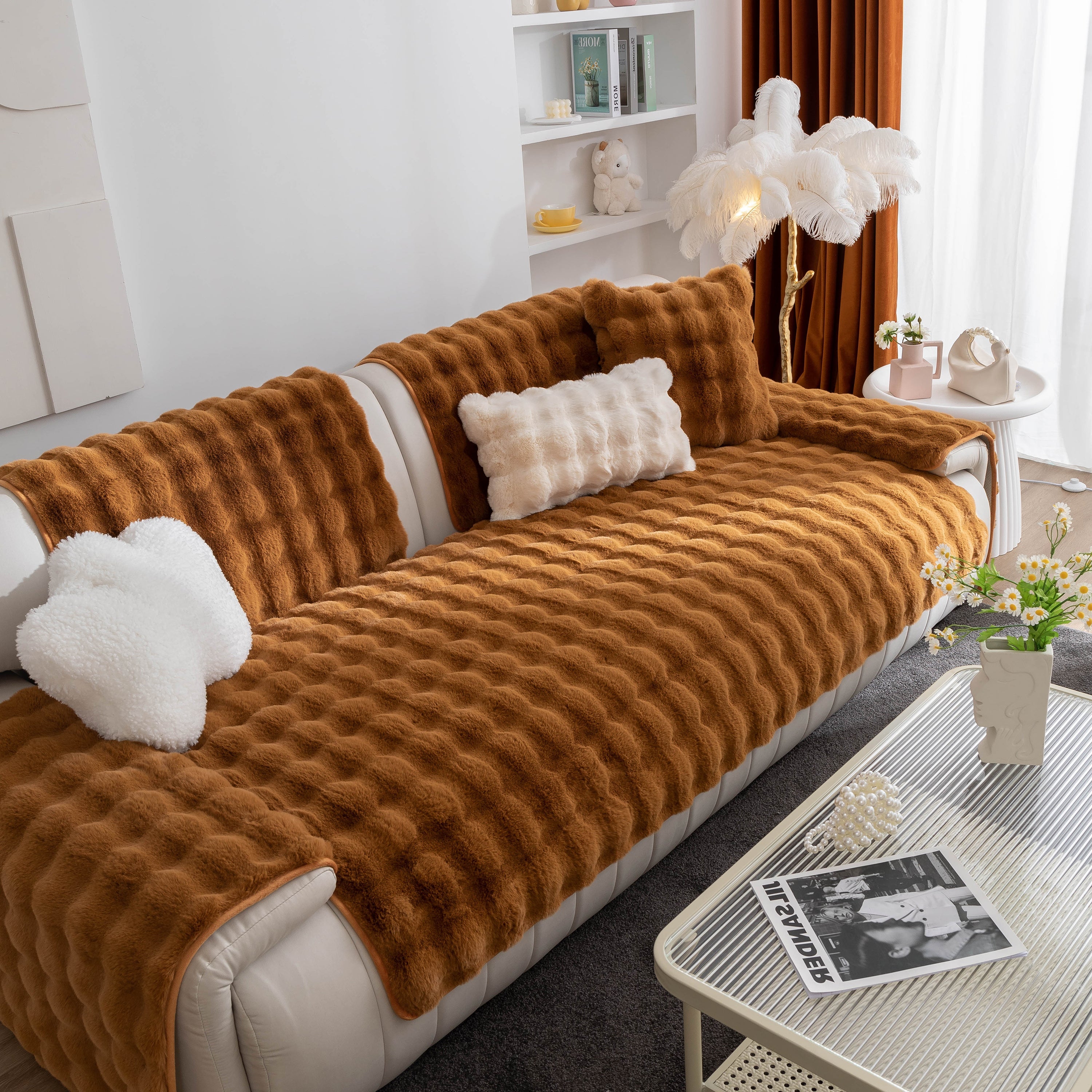 Thick Sofa Cushion Solid Color Faux Fur Fluffy Sofa Cushion Non-Slip Couch Covers