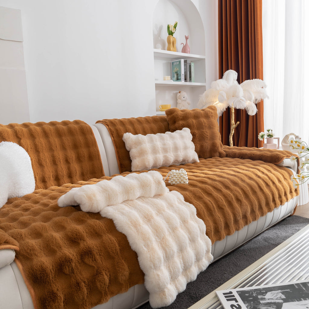Thick Sofa Cushion Solid Color Faux Fur Fluffy Sofa Cushion Non-Slip Couch Covers