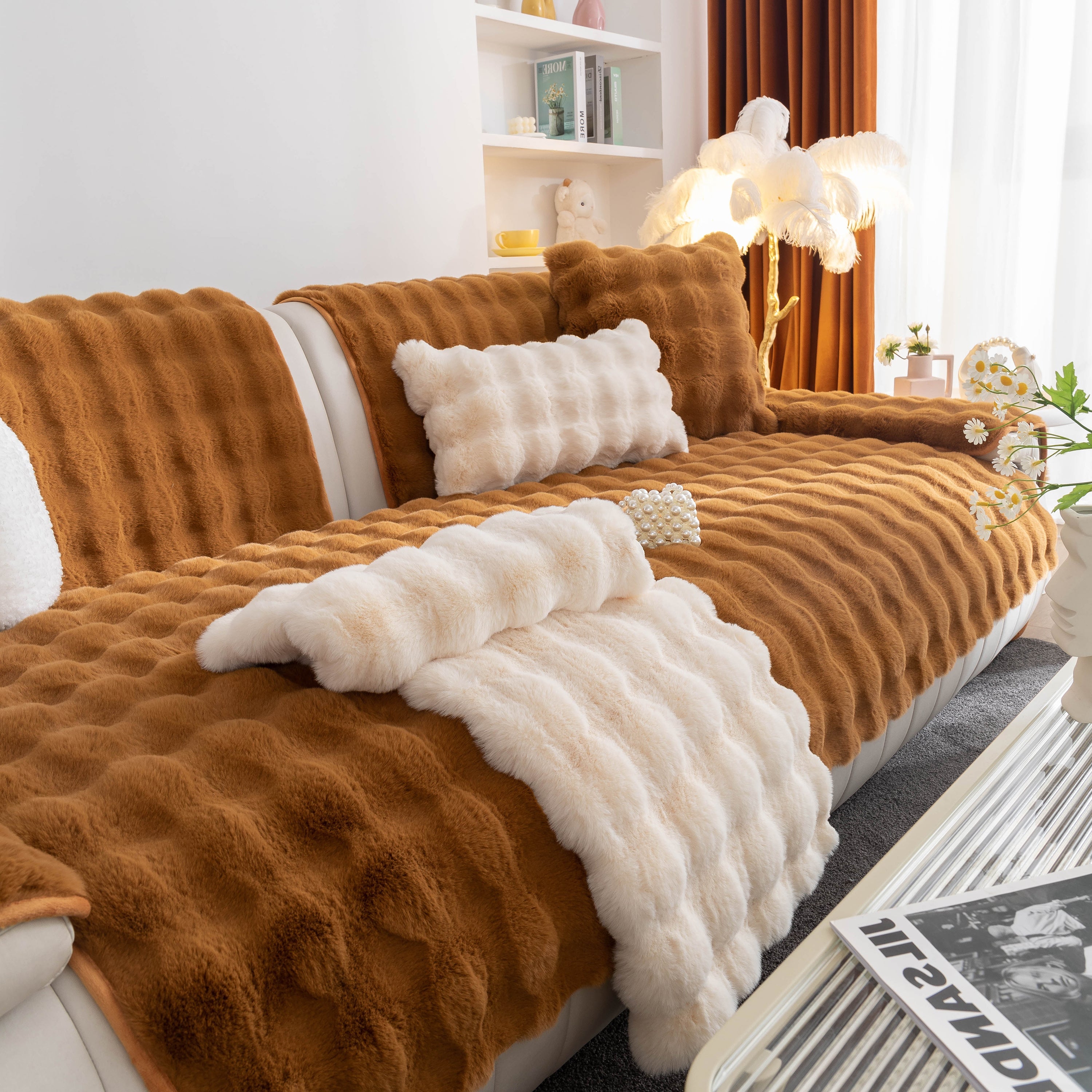 Thick Sofa Cushion Solid Color Faux Fur Fluffy Sofa Cushion Non-Slip Couch Covers