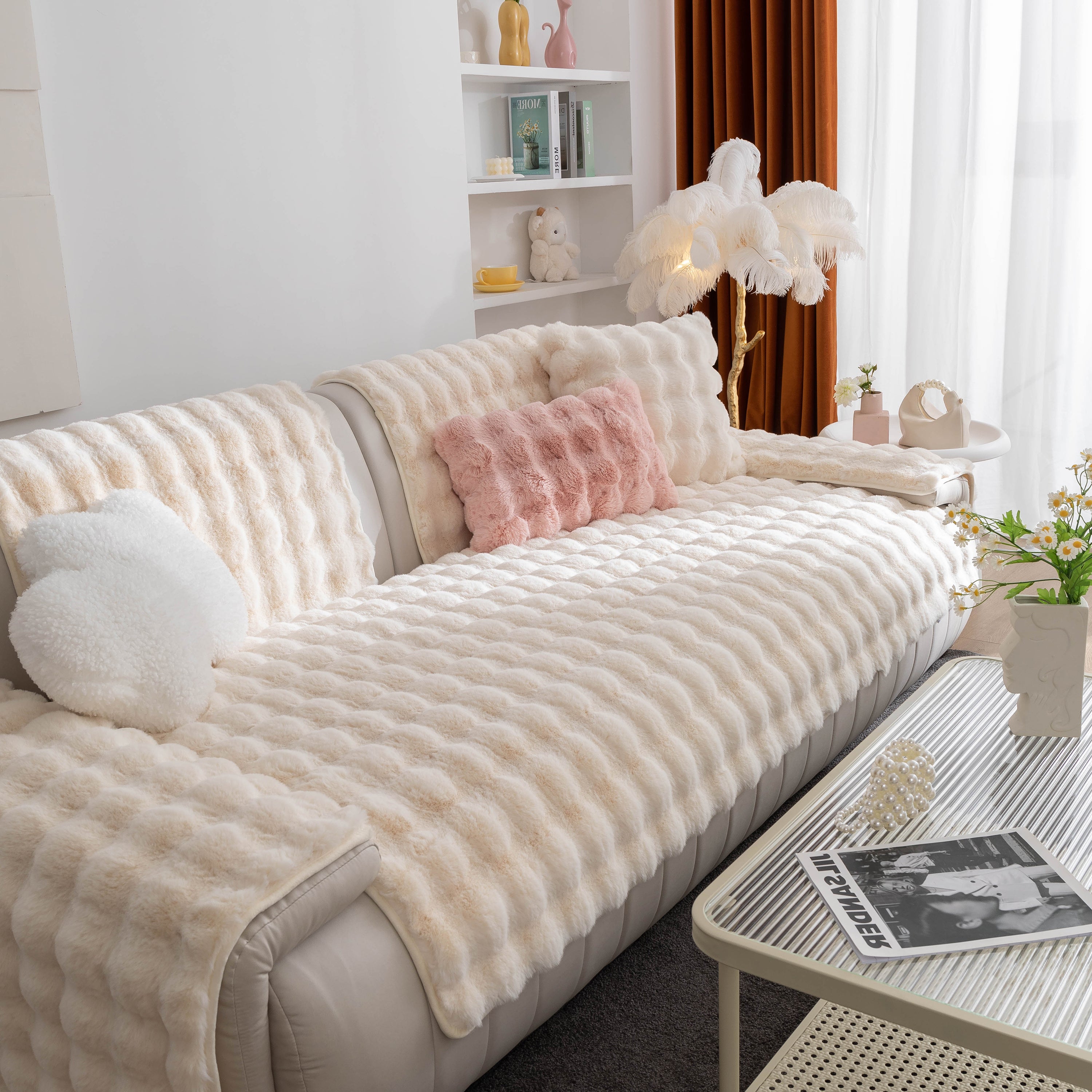 Thick Sofa Cushion Solid Color Faux Fur Fluffy Sofa Cushion Non-Slip Couch Covers