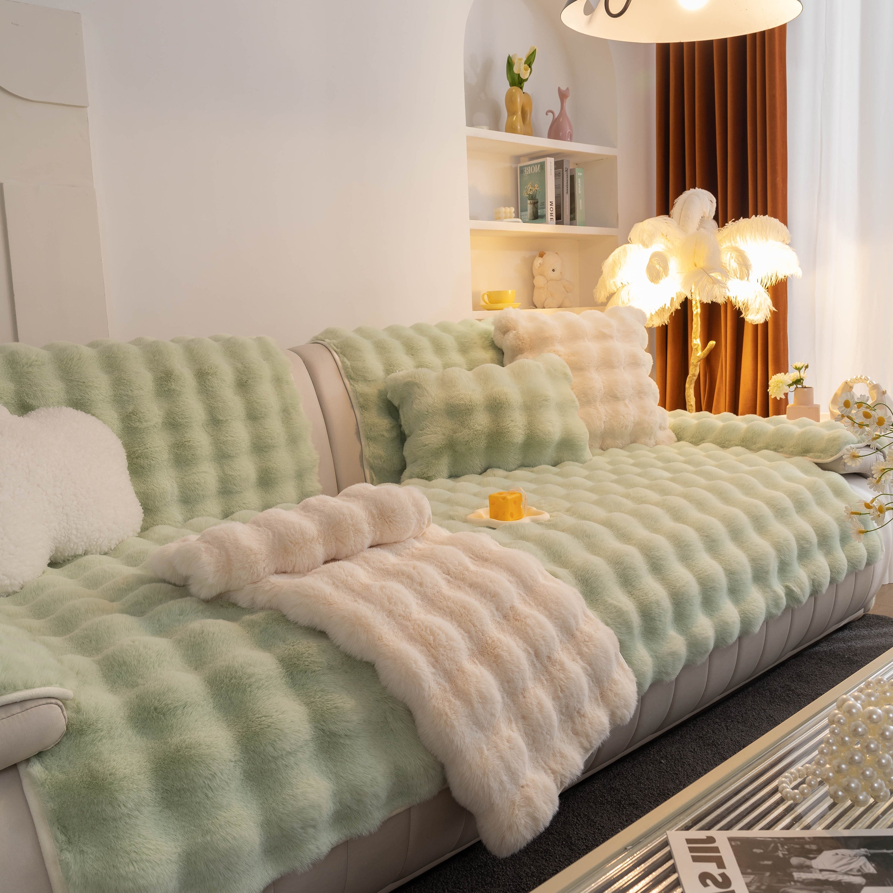 Thick Sofa Cushion Solid Color Faux Fur Fluffy Sofa Cushion Non-Slip Couch Covers