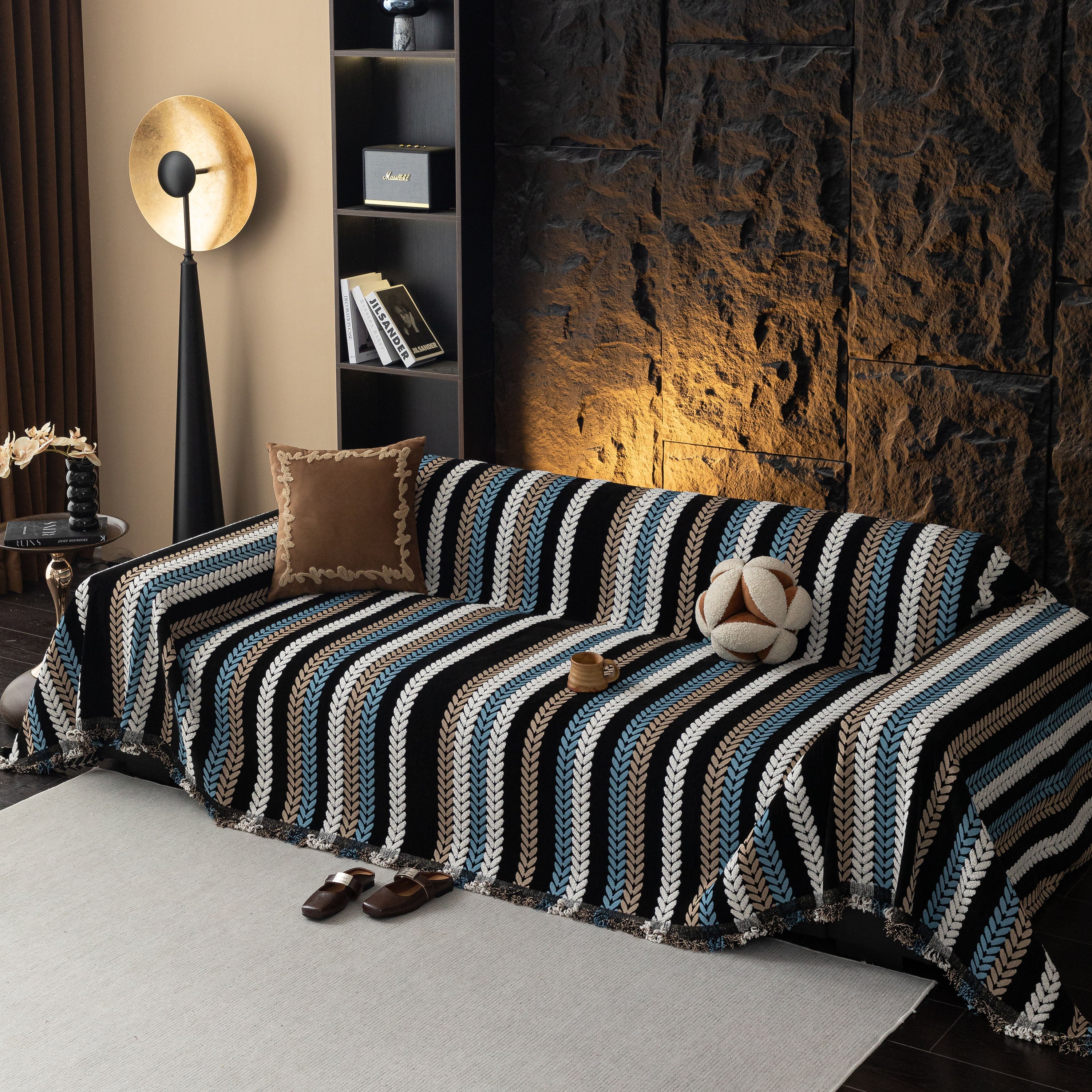 Cozy Decorative Throw Blanket for Couches, Boho Plush Woven Sofa Cover with Stripes