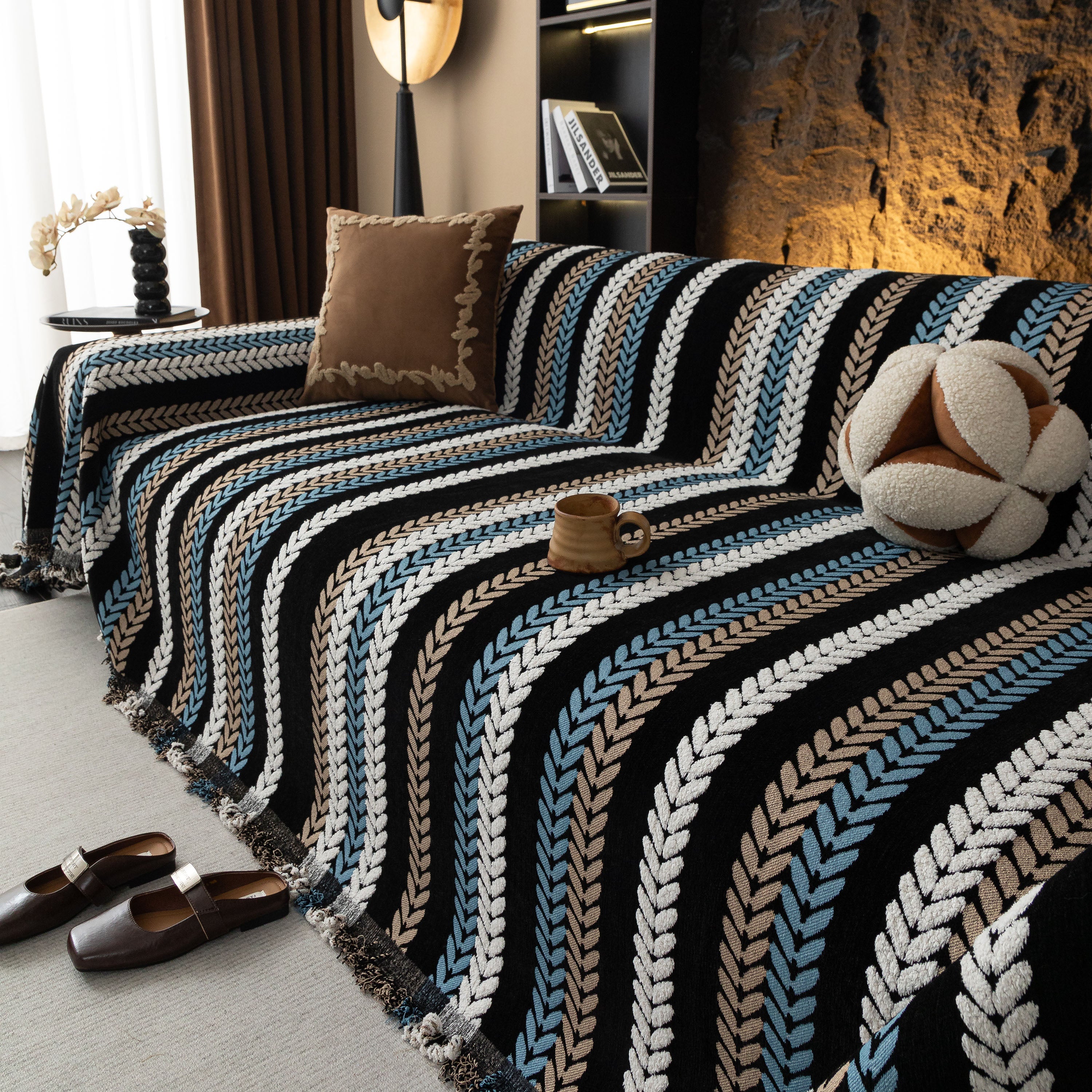 Cozy Decorative Throw Blanket for Couches, Boho Plush Woven Sofa Cover with Stripes