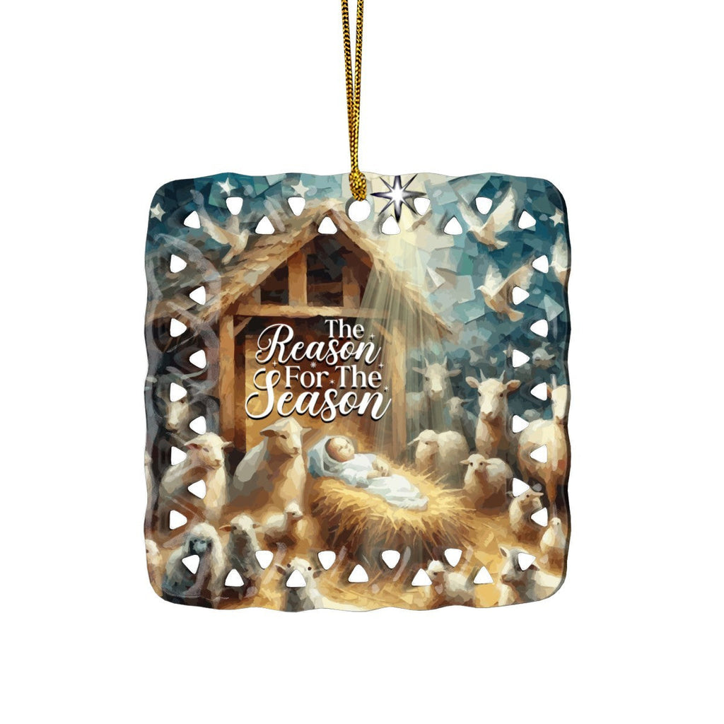 Baby Jesus in the Manger Reason for the Season Square Cutout Ceramic Ornament