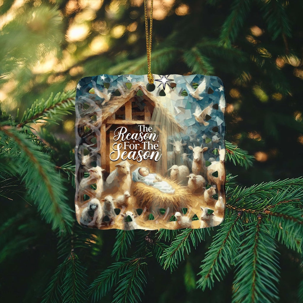 Baby Jesus in the Manger Reason for the Season Square Cutout Ceramic Ornament