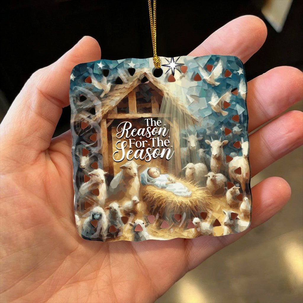 Baby Jesus in the Manger Reason for the Season Square Cutout Ceramic Ornament