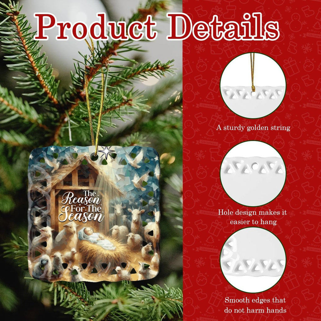 Baby Jesus in the Manger Reason for the Season Square Cutout Ceramic Ornament