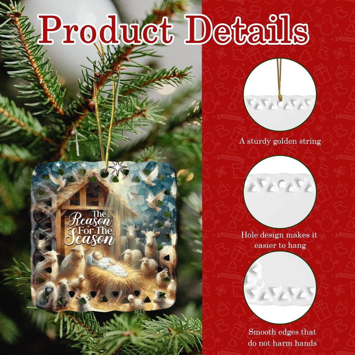 Baby Jesus in the Manger Reason for the Season Square Cutout Ceramic Ornament