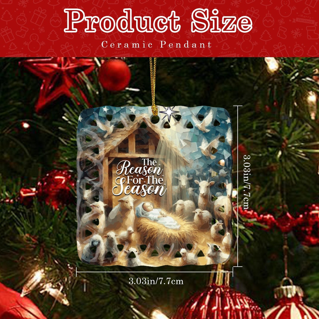 Baby Jesus in the Manger Reason for the Season Square Cutout Ceramic Ornament