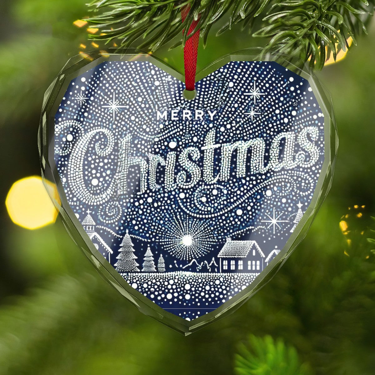 Merry Christmas in Lights Heart Shaped Glass Ornament