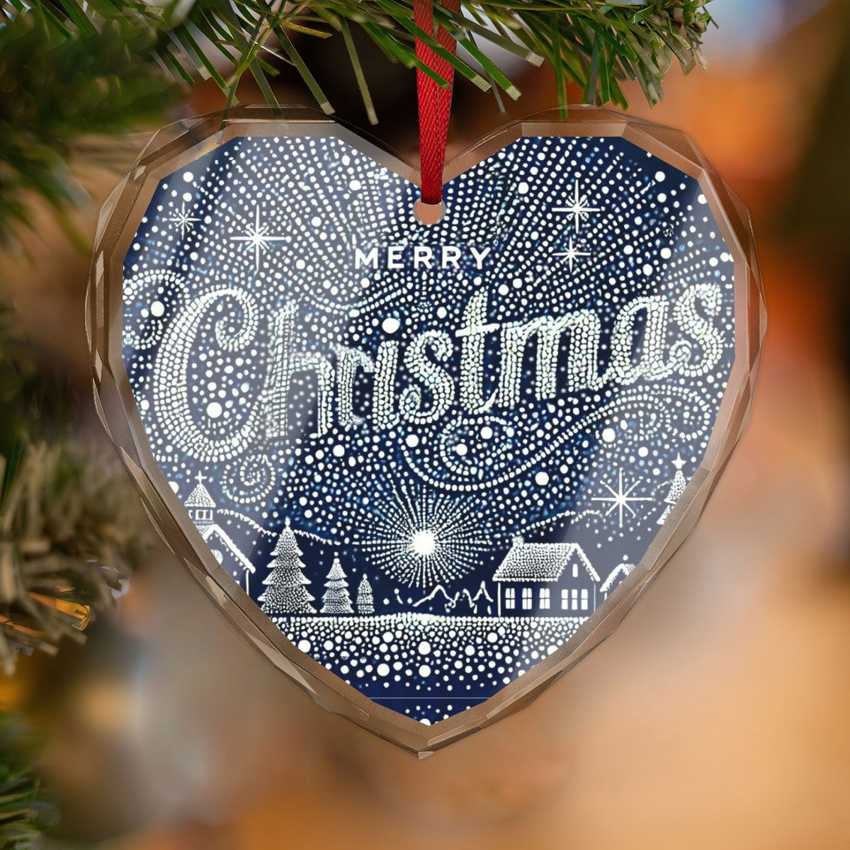 Merry Christmas in Lights Heart Shaped Glass Ornament