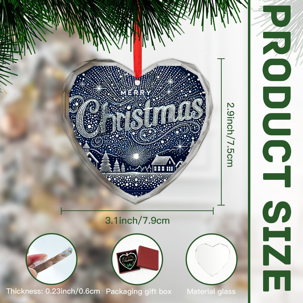 Merry Christmas in Lights Heart Shaped Glass Ornament