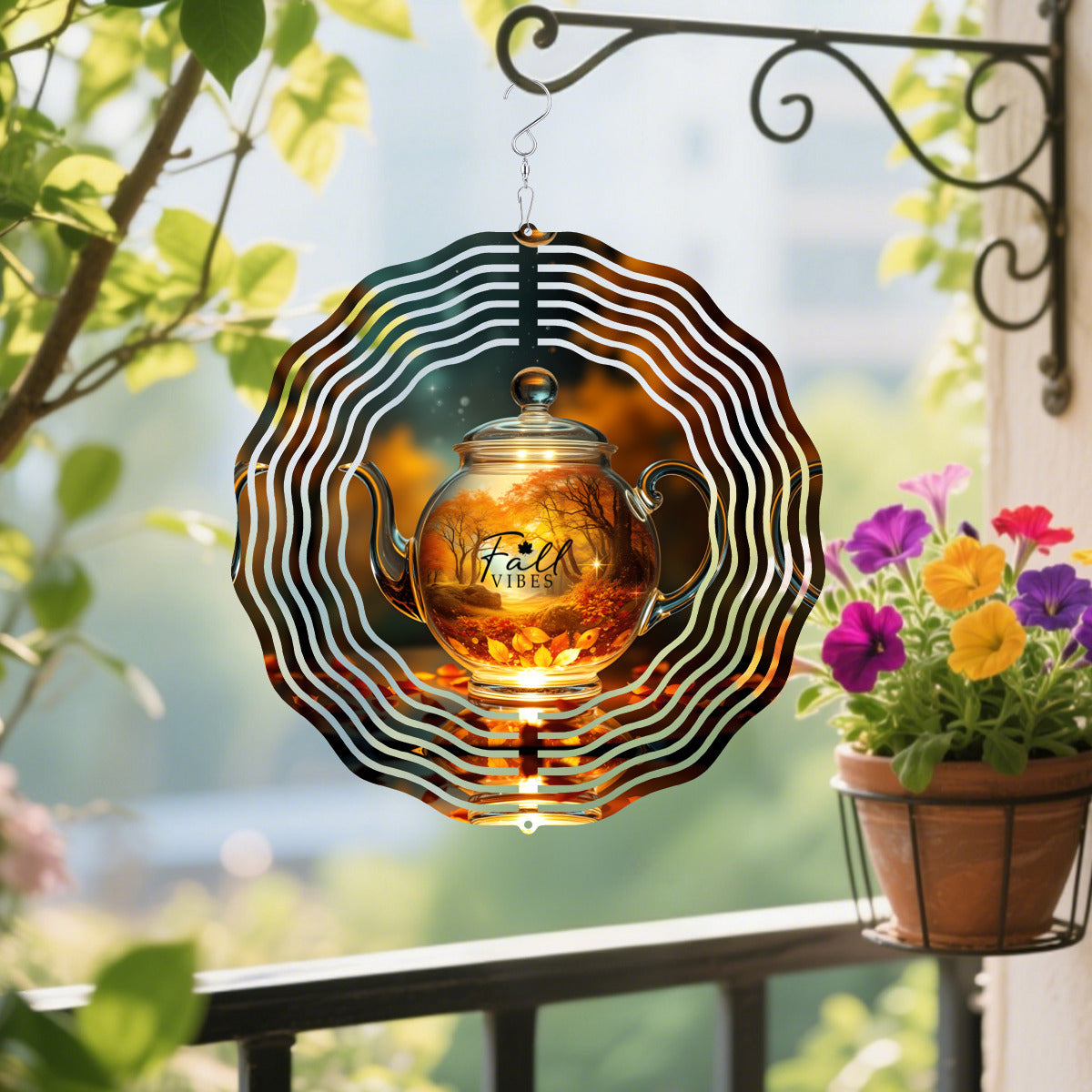 Fall Vibes Tea Kettle Wind Spinner Outdoor Decor