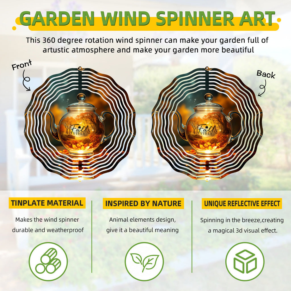 Fall Vibes Tea Kettle Wind Spinner Outdoor Decor