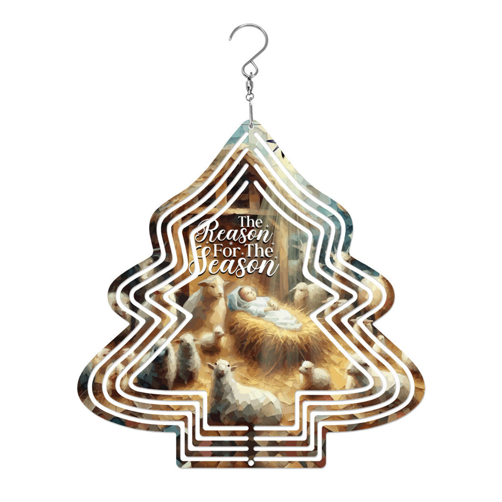 Baby Jesus Reason for the Season Tree Shaped Metal Wind Spinner