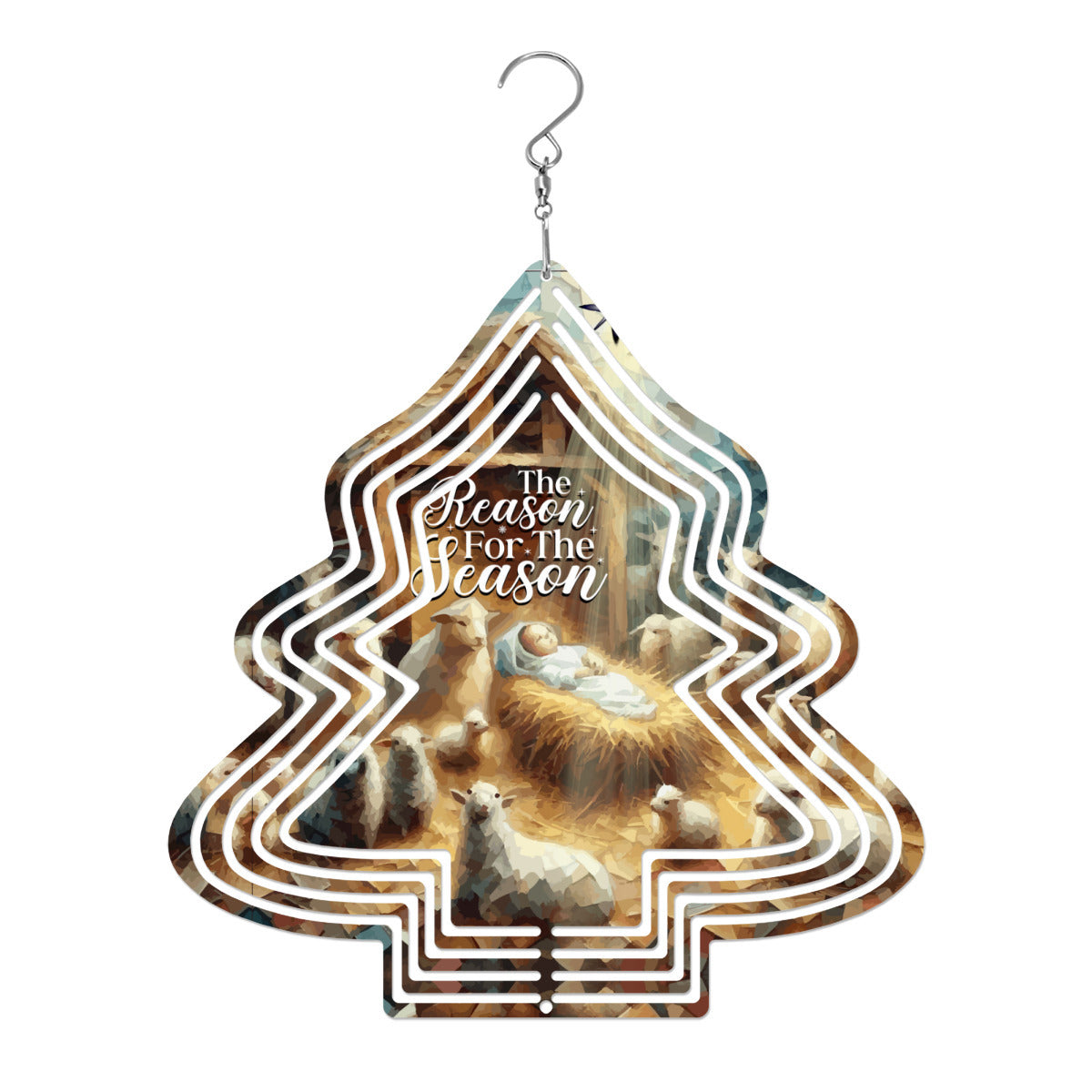 Baby Jesus Reason for the Season Tree Shaped Metal Wind Spinner