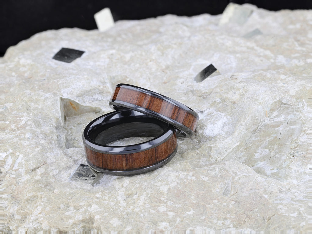 KONY Black Titanium Polished Beveled Edges Black Walnut Wood Inlaid Men’s Wedding Ring - 6mm & 8mm