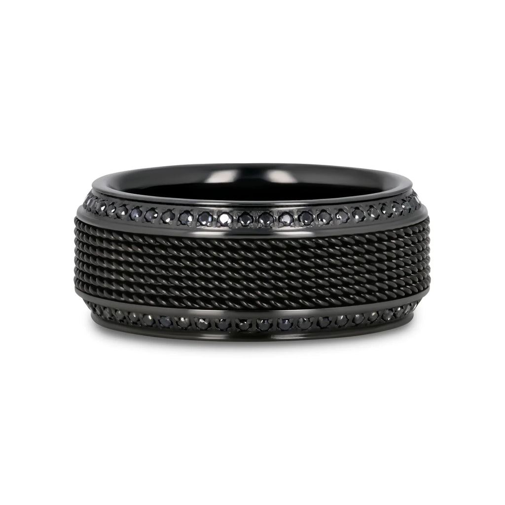 KNIGHT Steel Chain Black Titanium Wedding Ring Polished Beveled Edges Set with Round Black Diamonds - 10mm