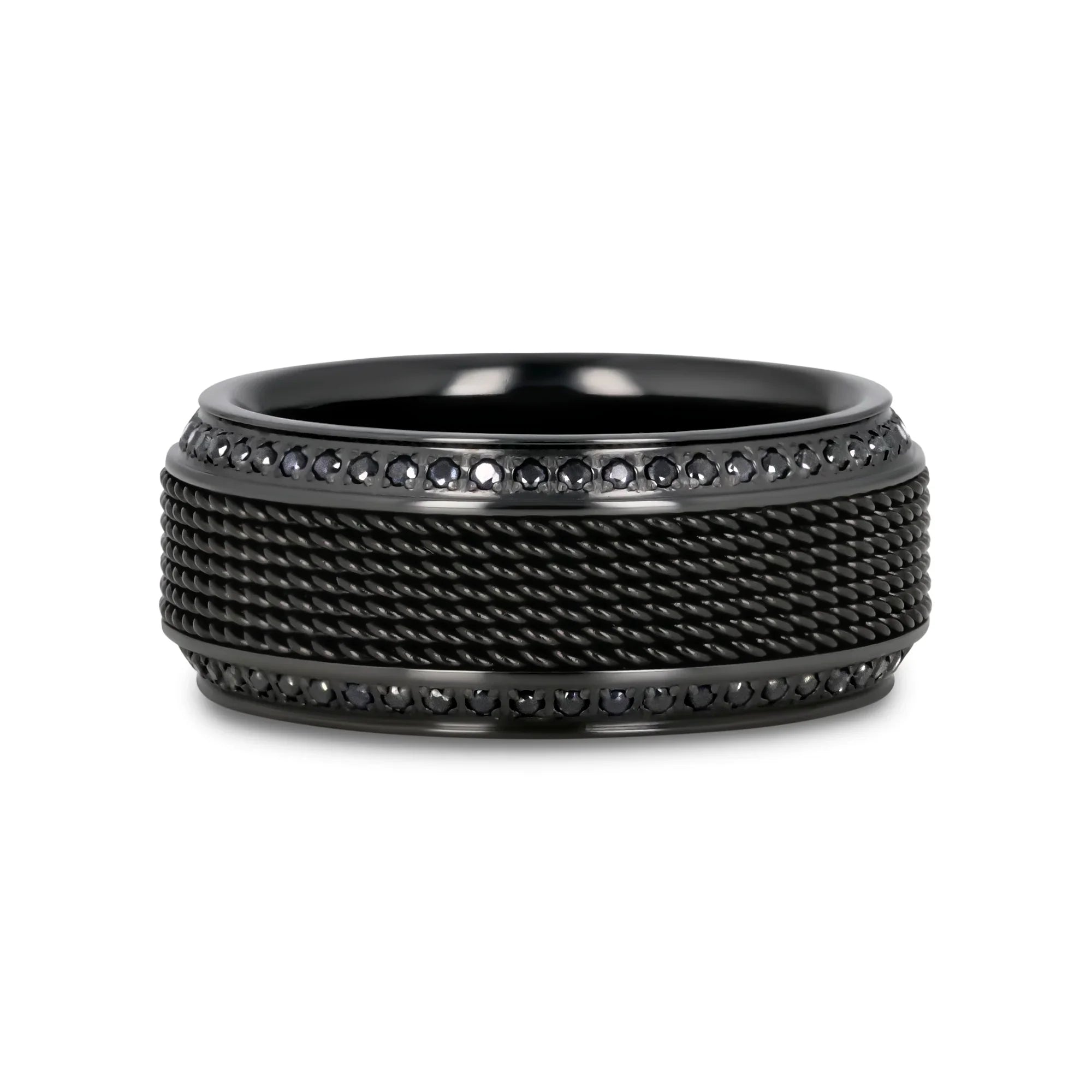 KNIGHT Steel Chain Black Titanium Wedding Ring Polished Beveled Edges Set with Round Black Diamonds - 10mm